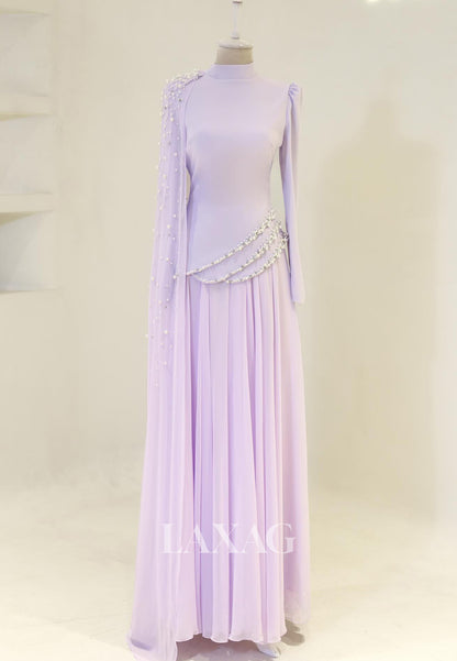 High-Neck Long-Sleeves Pearls Beaded Chiffon Pleated Floor-Length Fitted Evening Dress