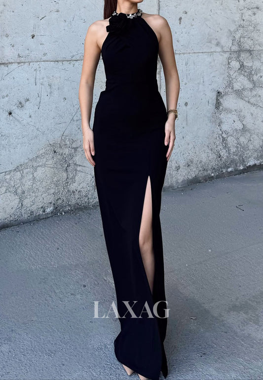 Halter-Neck Off-Shoulder Sleeveless Rhinestone Floral Embellished Pleated Satin Mermiad Evening Dress