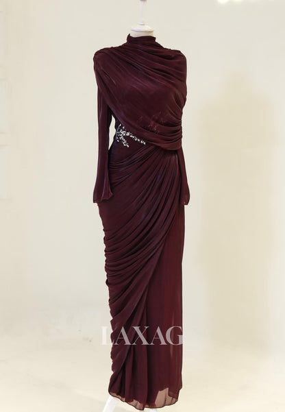 Scoop-Neck Long-Sleeves Rhinestone Beaded Chiffon Pleated Floor-Length Mermaid Evening Dress