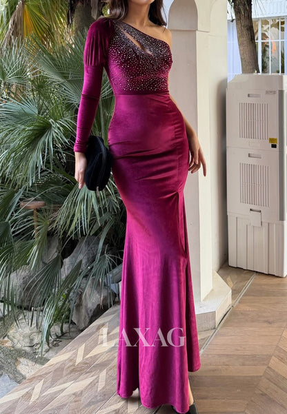 Asymmetrical-Neck Floor-Length Formal Gowns One-Long-Sleeve Beaded Velvet Mermaid Evening Dress