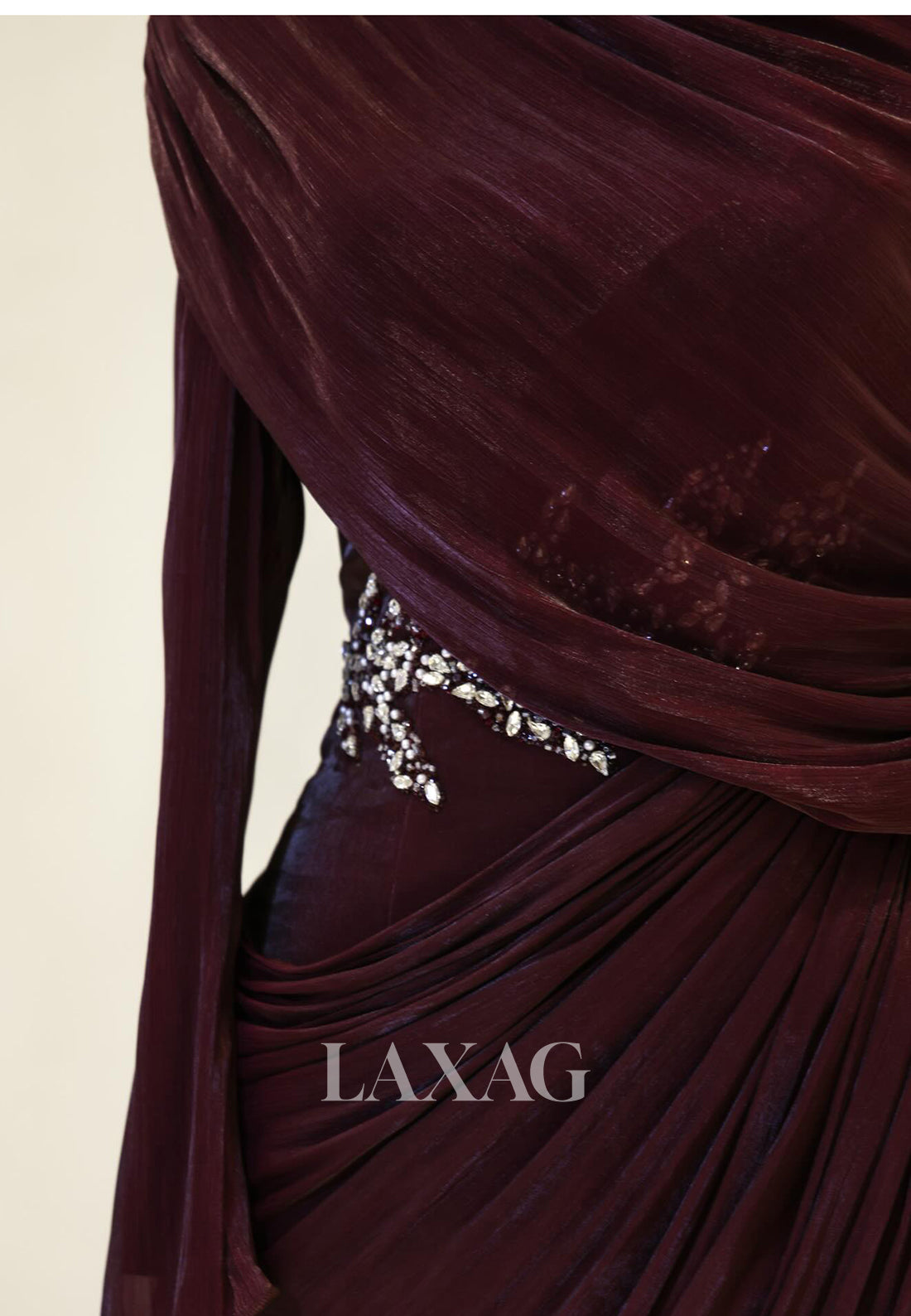 Scoop-Neck Long-Sleeves Rhinestone Beaded Chiffon Pleated Floor-Length Mermaid Evening Dress