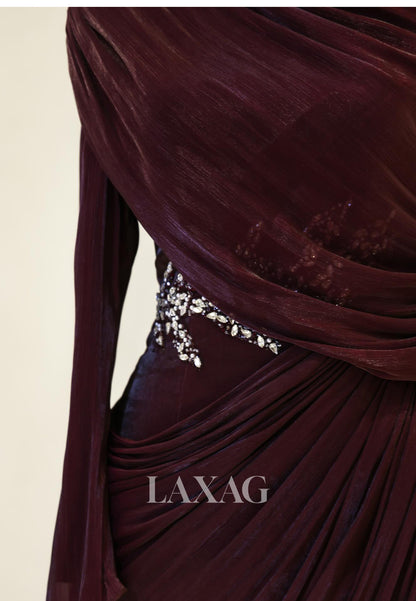 Scoop-Neck Long-Sleeves Rhinestone Beaded Chiffon Pleated Floor-Length Mermaid Evening Dress