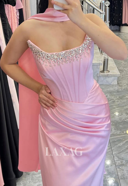 Scoop-Neck Off-Shoulder Sleeveless Formal Gowns  Floor-Length Beaded Satin Mermaid Evening Dress