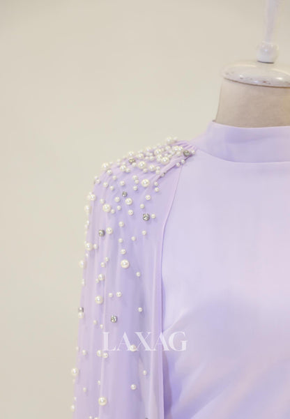 High-Neck Long-Sleeves Pearls Beaded Chiffon Pleated Floor-Length Fitted Evening Dress