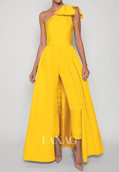Asymmetrical-Neck One-Strap Sleeveless Satin Pleated Jumpsuit with Detachable Overskirt