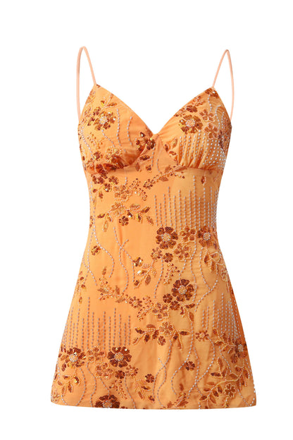 Beaded Floral Slip Dress with Open Tie Back