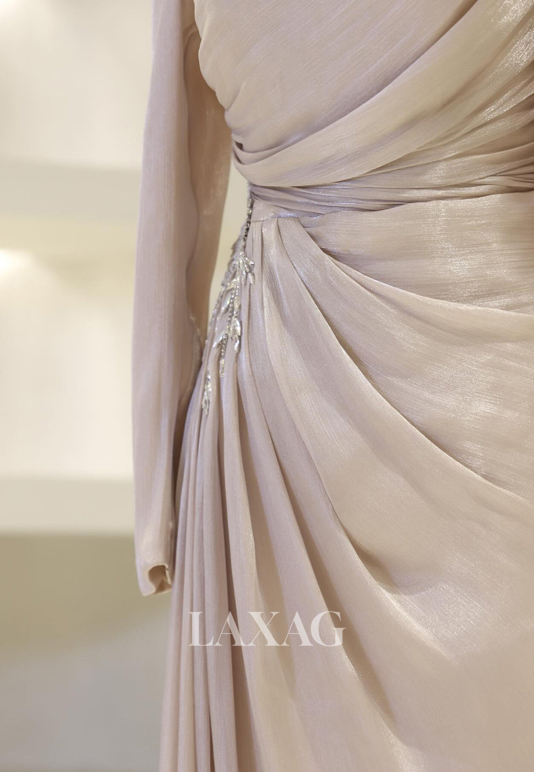 High-Neck Long-Sleeves Rhinestone Beaded Chiffon Pleated Floor-Length Fitted Evening Dress