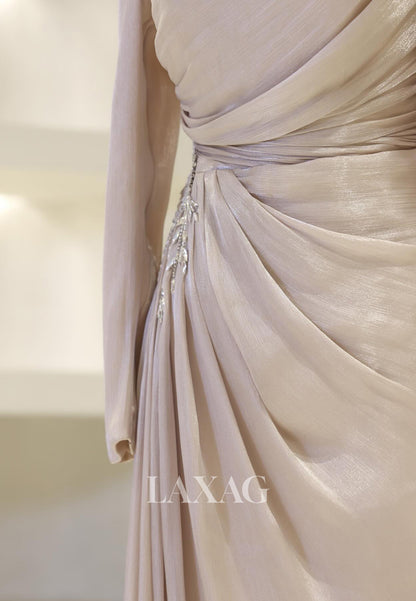 High-Neck Long-Sleeves Rhinestone Beaded Chiffon Pleated Floor-Length Fitted Evening Dress