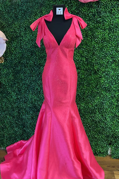 Deep V-Neck Sleeveless Fully Beaded Satin Trumpet Mermaid Prom Dress with Bows