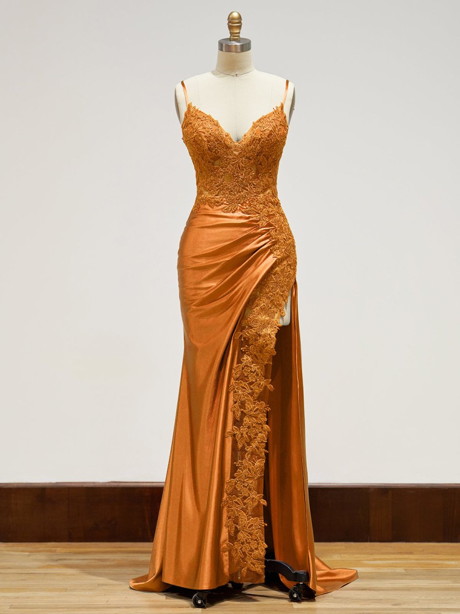 V-Neck Spaghetti Straps Beaded Lace Appliques Mermaid Prom Dress with High Slit