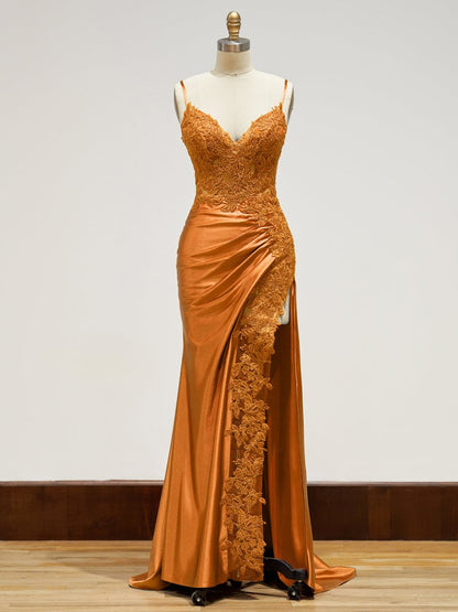 V-Neck Spaghetti Straps Beaded Lace Appliques Mermaid Prom Dress with High Slit