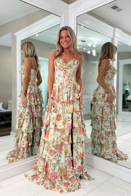 Sweetheart Spaghetti Straps Print-Floral Chiffon Pleated Tiered High Slit A-Line Prom Dress