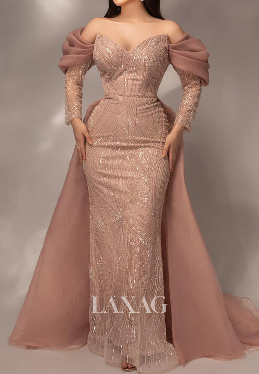 V-Neck Off-Shoulder Fully Sequined Formal Gowns Long-Sleeves Pleated Tulle Mermaid Prom Dress