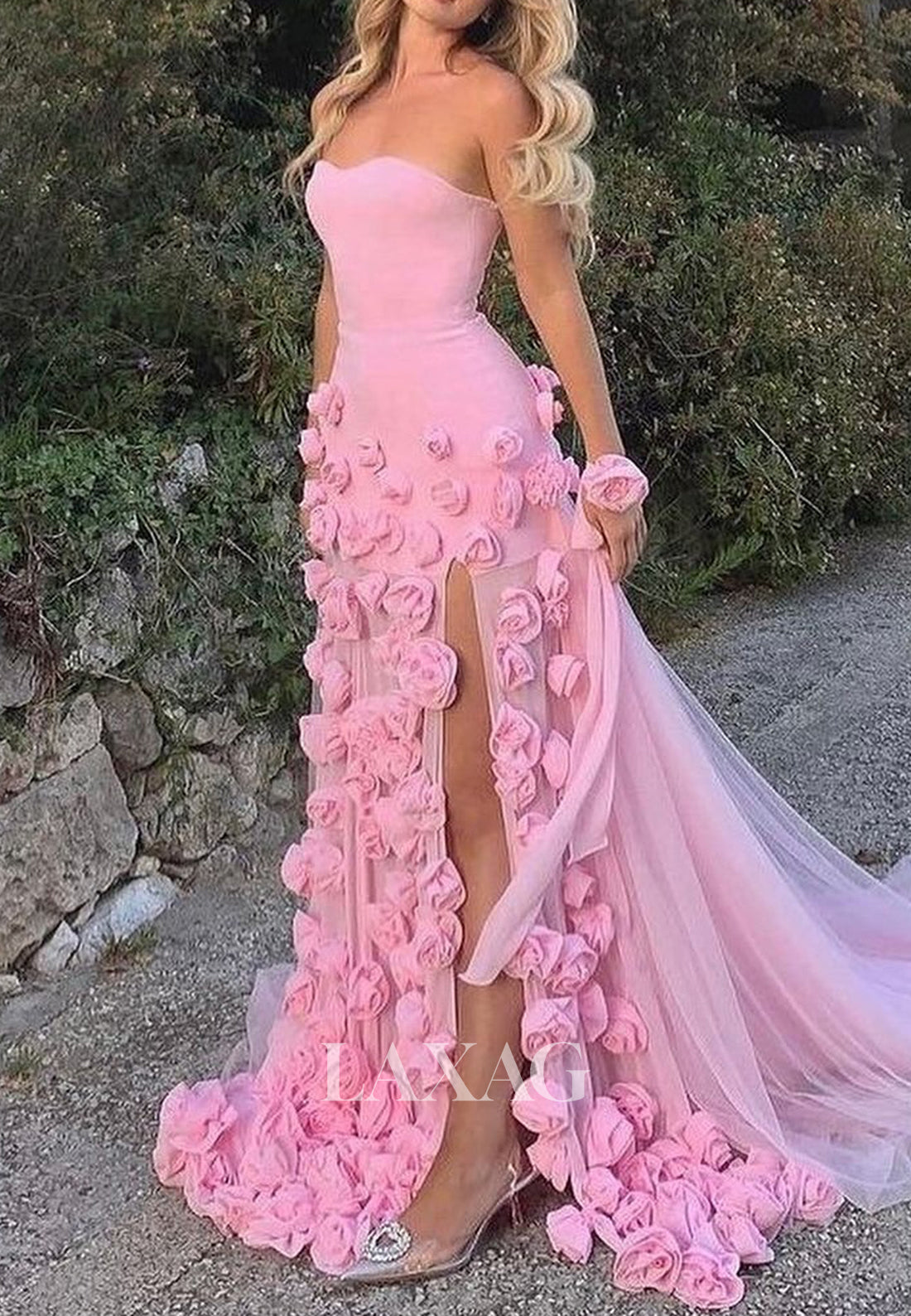 Sweetheart Off-Shoulder Sleeveless Floral Embellished Pleated Satin Mermaid Prom Dress with Train