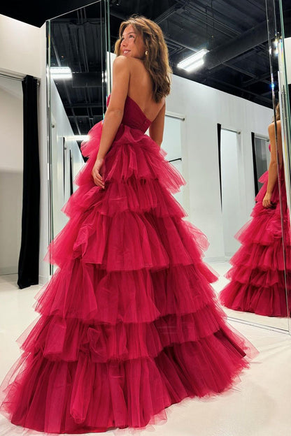 Tube Top Off-Shoulder Sleeveless Party Gowns Tulle Pleated Tiered A-Line Prom Dress