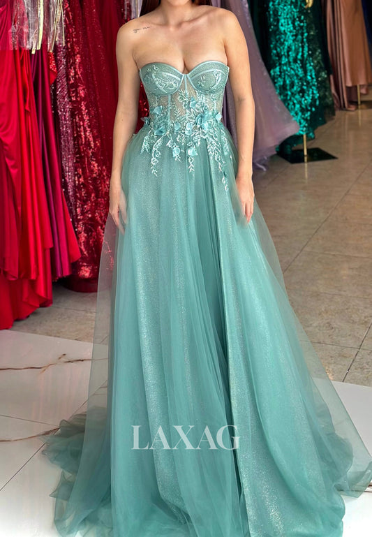 A-Line Off-Shoulder Sleeveless Pleated Party Gowns Sweetheart Applique Tulle Prom Dress with Train