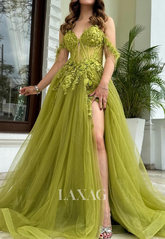 Sweetheart Sleeveless Pleated Party Gowns Off-Shoulder Lace Applique High Slit Tulle A-Line Prom Dress