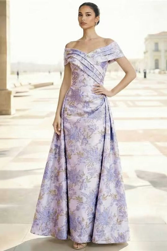 Bateau-Neck Off-Shoulder Sleeveless Floor-Length Jacquard Satin Pleated Mermaid Evening Dress