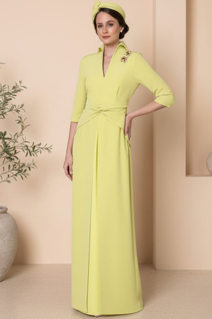 V-Neck Half-Sleeves Floor-Length Beaded Chiffon Pleated Fitted Mother of the Bride Dress