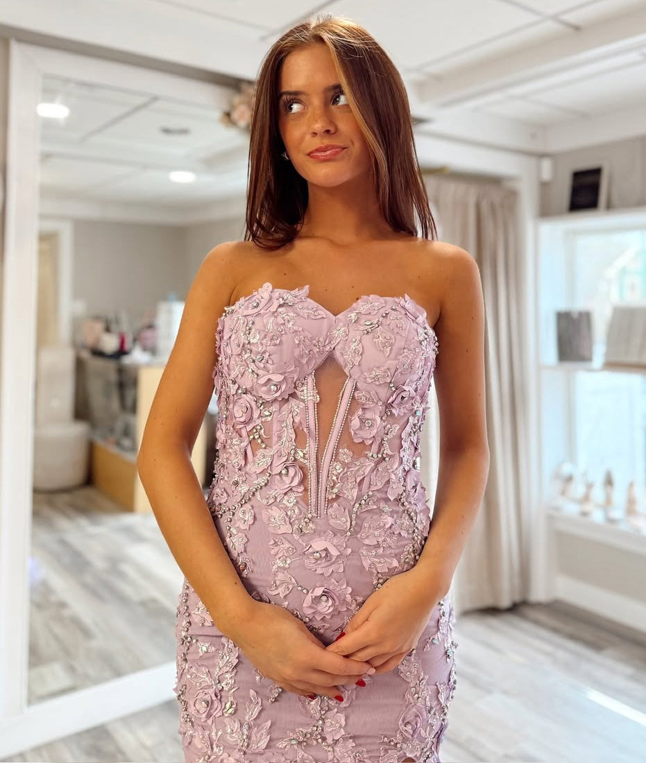 Sweetheart Tulle Lace Prom Dress Long Appliqued Evening Party Gowns with Slit