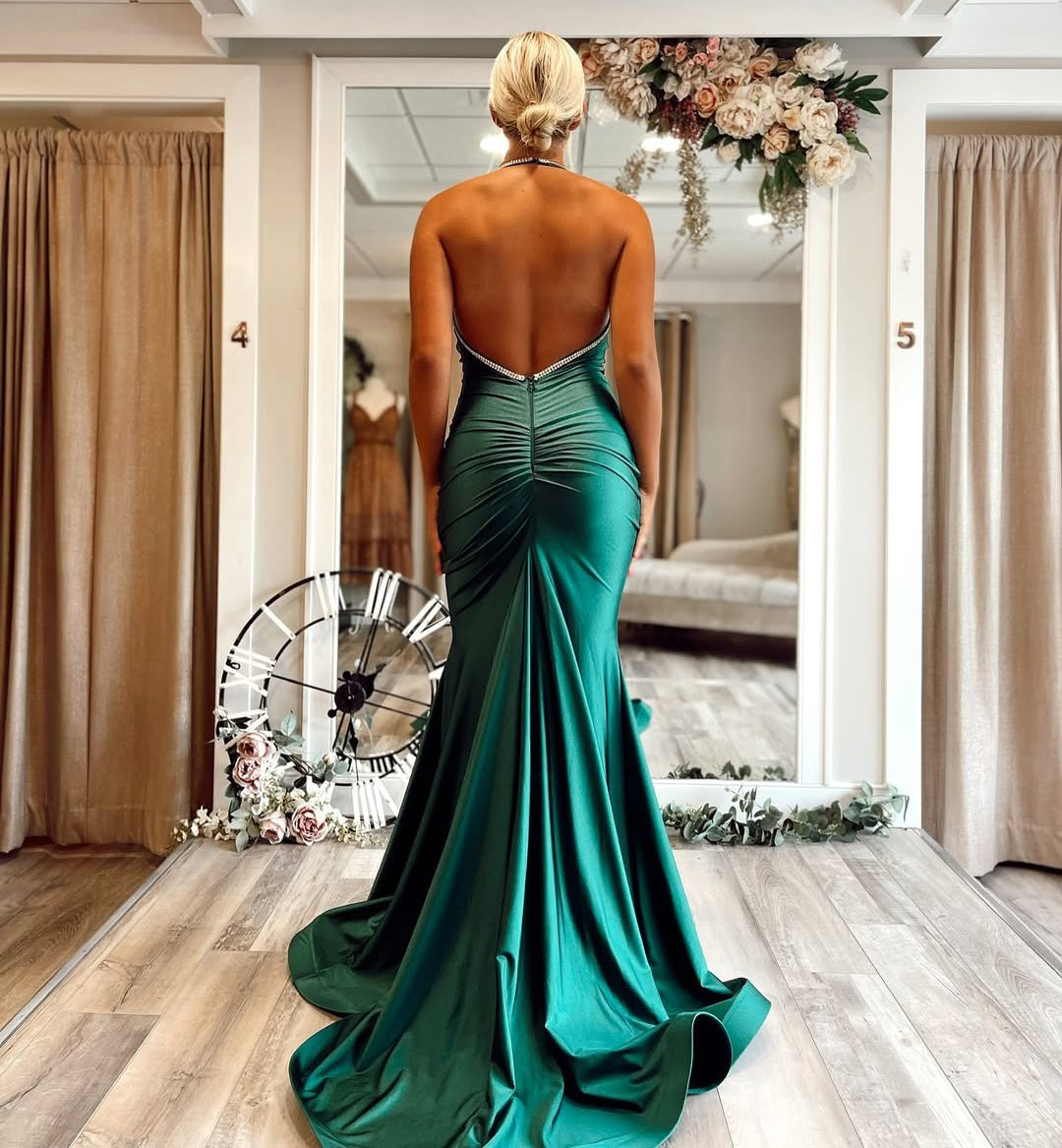 Women's Off-Shoulder Satin Beaded Prom Dress Mermaid V-Neck Sleeveless Party Gowns