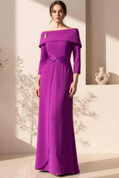Bateau-Neck 3/4-Sleeves Beaded Satin Pleated Floor-Length Fitted Mother of the Bride Dress