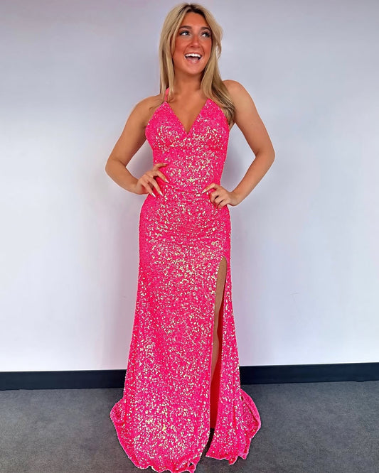 Women's Glittery Sequins V-Neck Long Prom Dress Sleeveless Mermaid Party Gowns