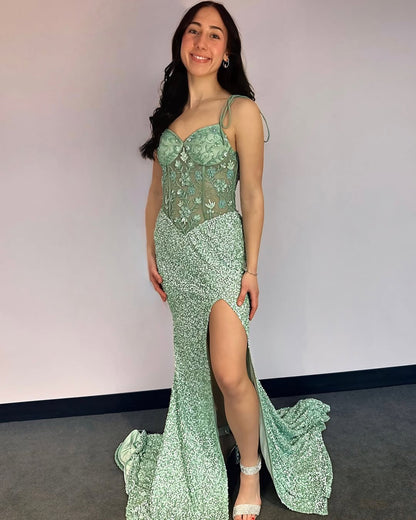 Mermaid Sweetheart Party Dress with Slit Spaghetti Straps Backless Prom Gowns