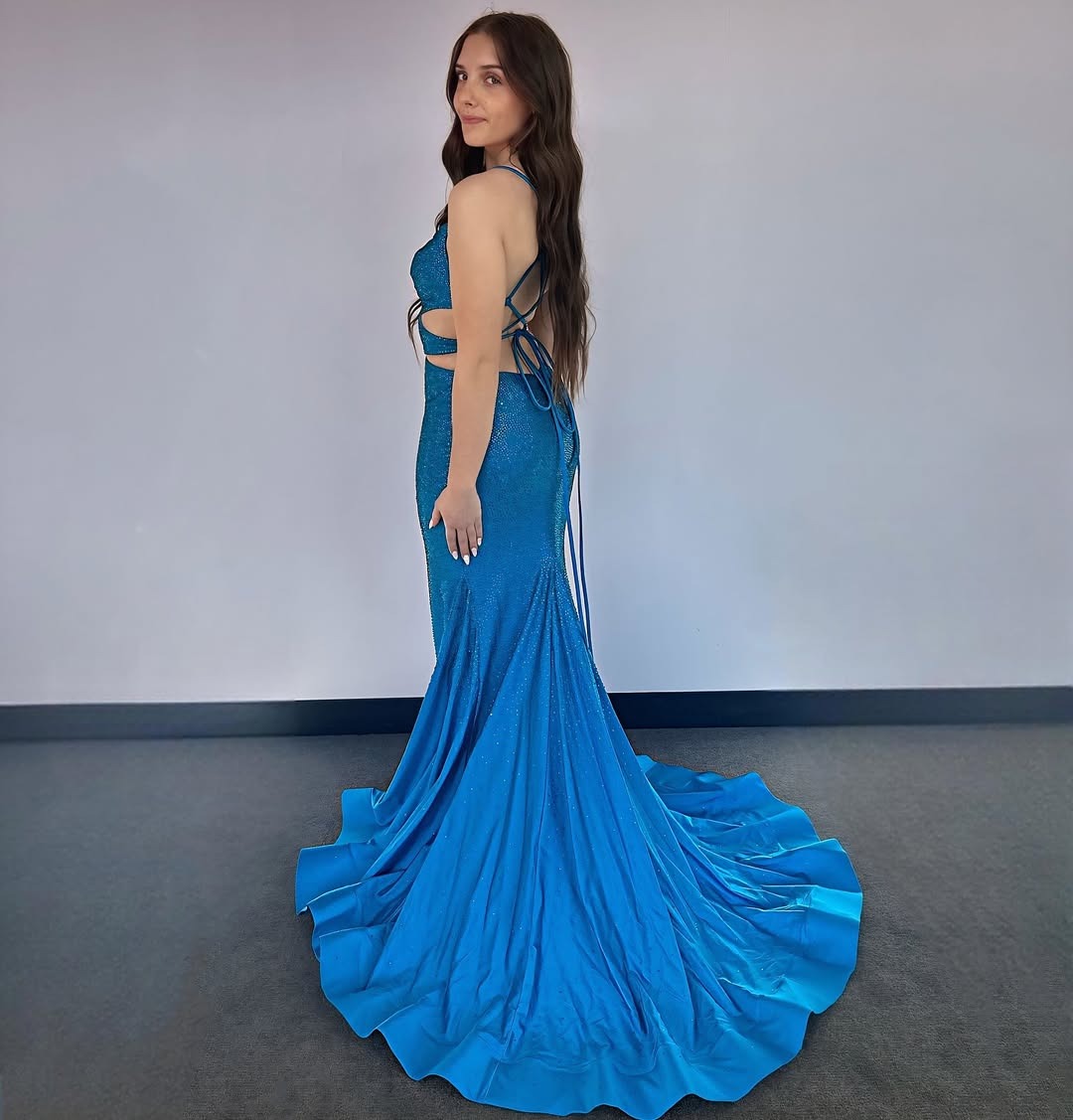 V-Neck Floor-Length Mermaid Prom Dresses Long Sequin Beaded Satin Party Gowns