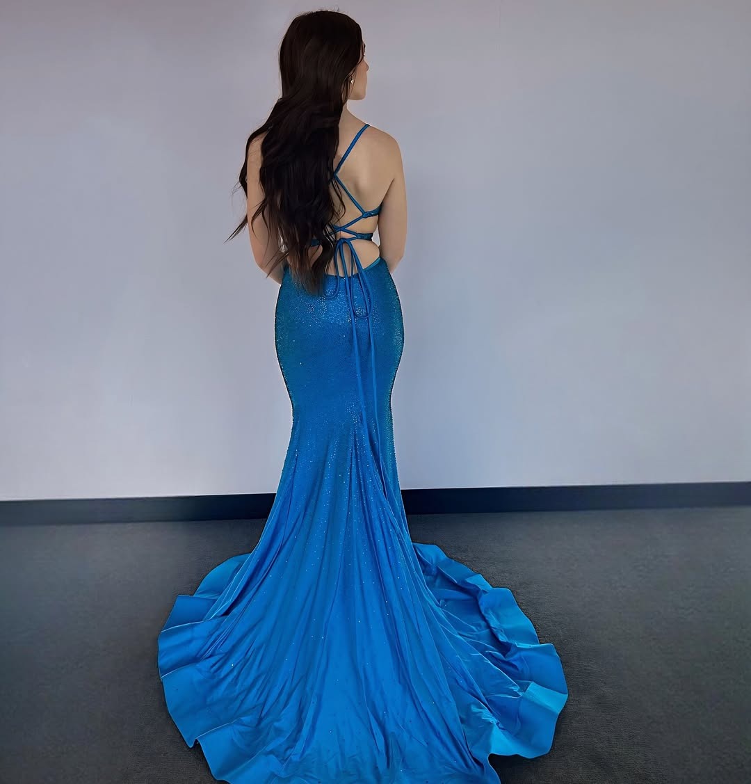 V-Neck Floor-Length Mermaid Prom Dresses Long Sequin Beaded Satin Party Gowns