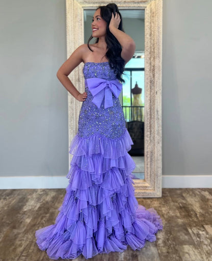 Women's Tube Top Mermaid Long Prom Dress Tulle Lace Beaded Party Gowns with Ruffles