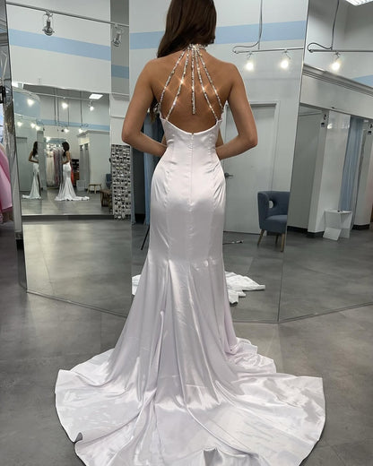 Mermaid Halter-Neck Sleeveless Satin Prom Dress Long Sequin Beaded Party Gowns