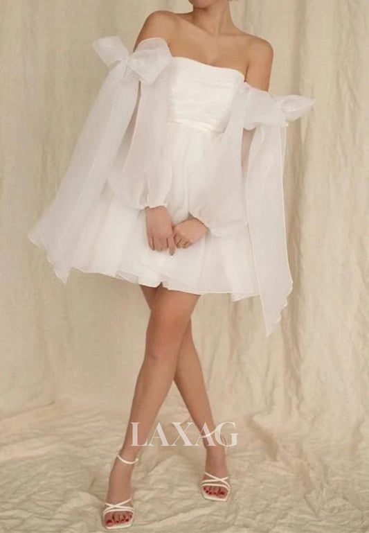 Tube Top Off-Shoulder Tulle A-Line Wedding Dress Long-Sleeves Short Beach Bride Gowns with Bows