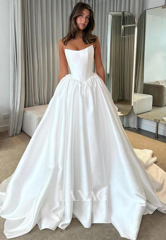 Simple Scoop-Neck Off-Shoulder Sleeveless Pleated Backless Satin A-Line Wedding Dress with Train