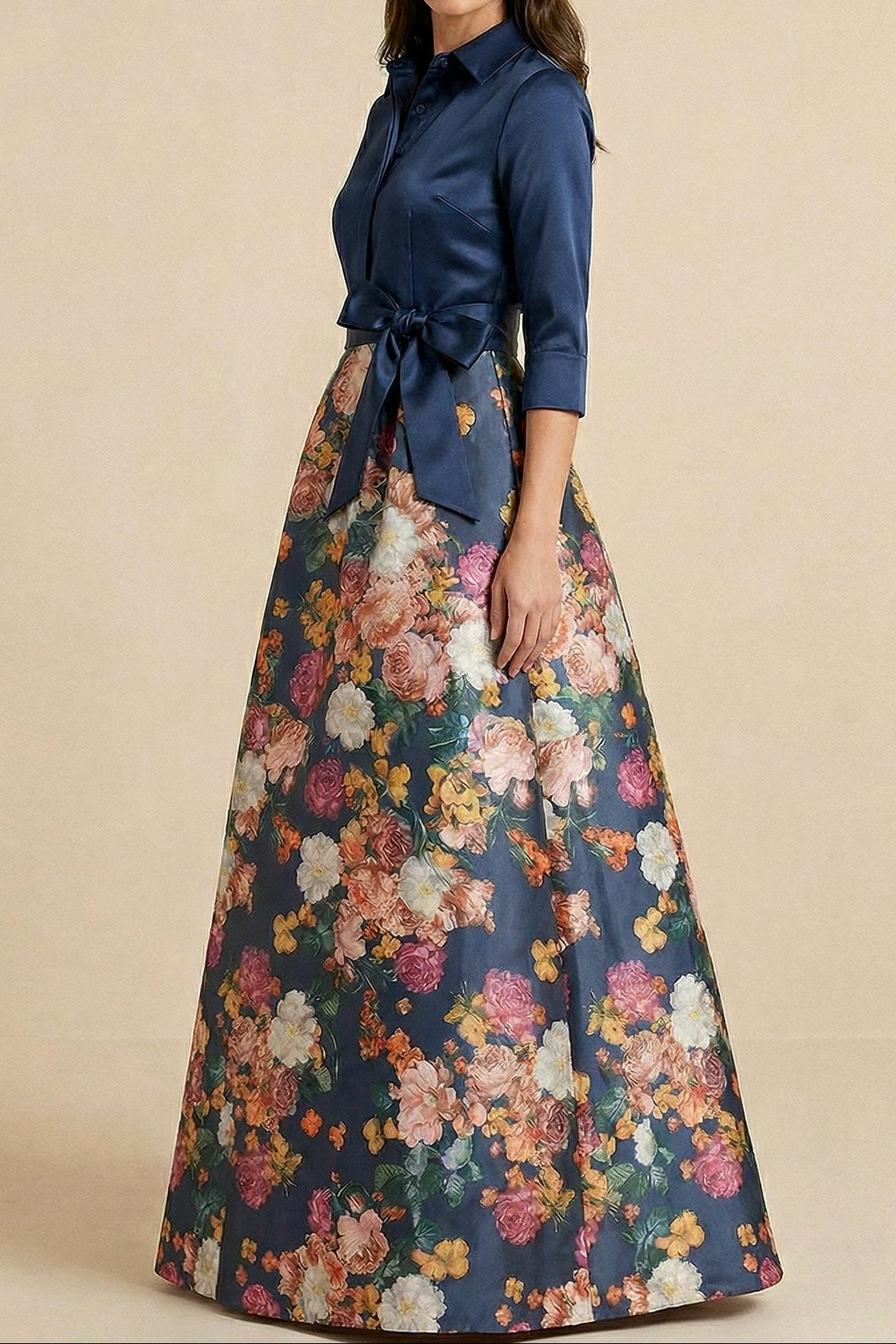 A-Line Collared 3/4-Sleeves Print-Satin Pleated Floor-Length Formal Cocktail Dress