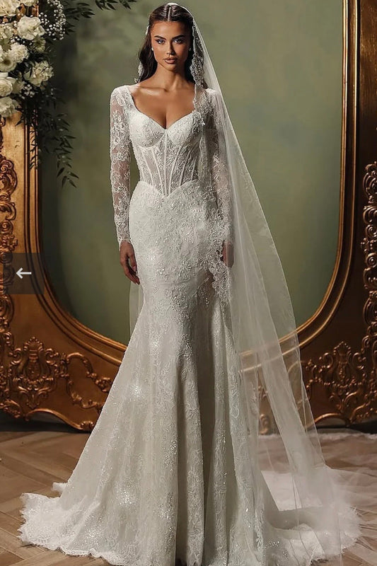 V-Neck Long-Sleeves Fully Sequined Beaded Allover Lace Pleated Mermaid Wedding Dress