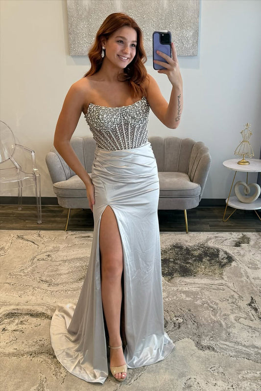 Scoop-Neck Off-Shoulder Sleeveless Beaded Satin Pleated High Slit Mermaid Prom Dress