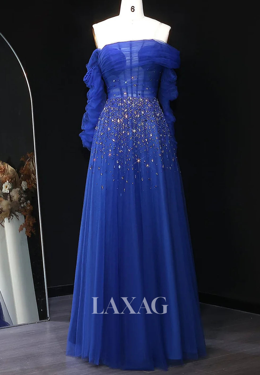 Asymmetrical-Neck Long-Sleeves A-Line Evening Dress Rhinestone Beaded Pleated Tulle Formal Gowns