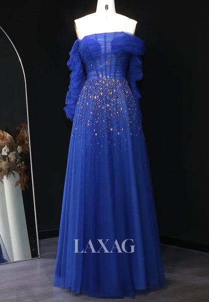 Asymmetrical-Neck Long-Sleeves A-Line Evening Dress Rhinestone Beaded Pleated Tulle Formal Gowns