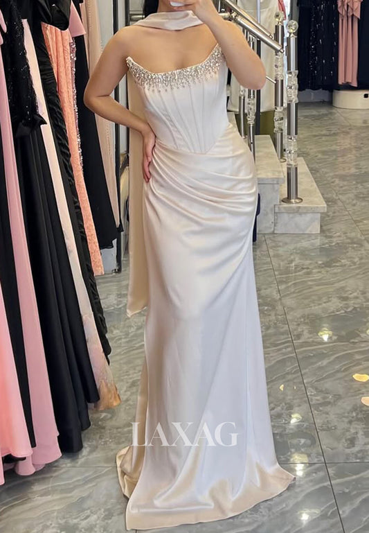 Scoop-Neck Off-Shoulder Sleeveless Formal Gowns  Floor-Length Beaded Satin Mermaid Evening Dress