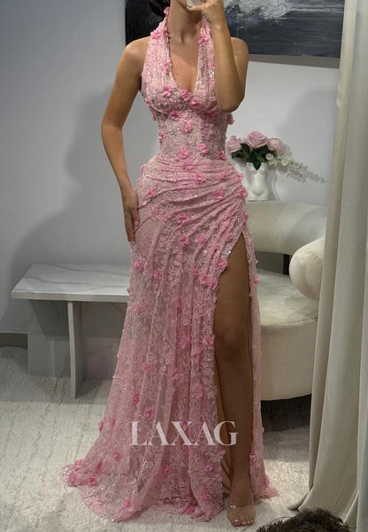 Halter V-Neck Sleeveless Floral Embellished Sequined Beaded Allover Lace Mermaid Prom Dress