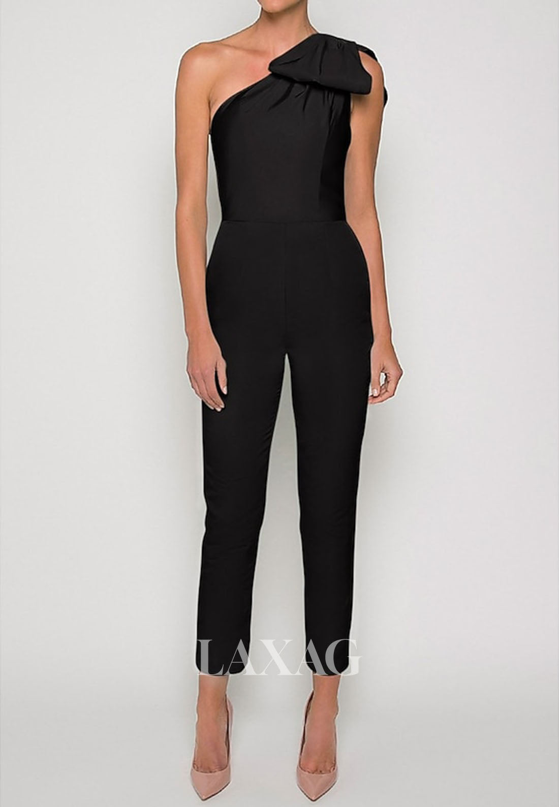 Asymmetrical-Neck One-Strap Sleeveless Satin Pleated Jumpsuit with Detachable Overskirt