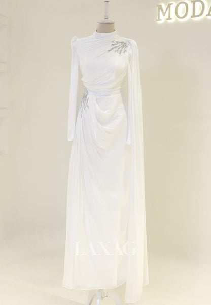 High-Neck Long-Sleeves Rhinestone Beaded Chiffon Pleated Floor-Length Fitted Evening Dress