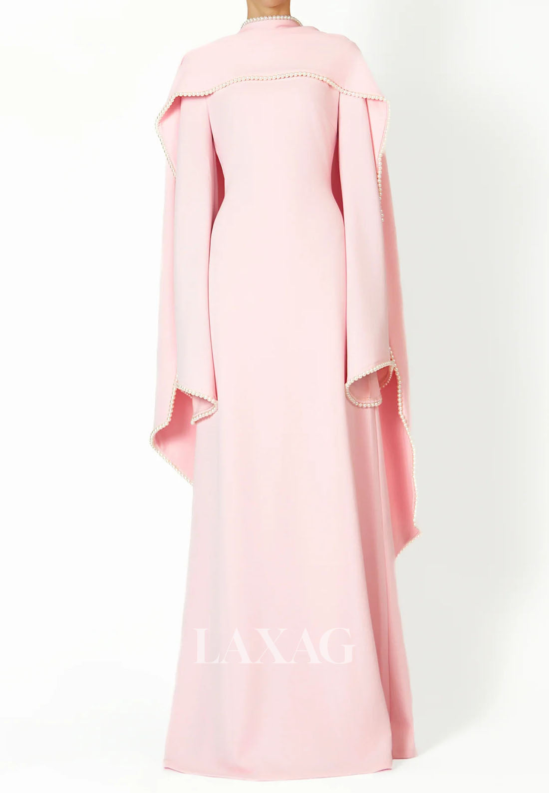 Scoop-Neck Long-Sleeves Pearls Satin Floor-Length Simple Fitted Formal Evening Dress with Overlay