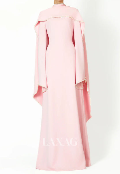 Scoop-Neck Long-Sleeves Pearls Satin Floor-Length Simple Fitted Formal Evening Dress with Overlay