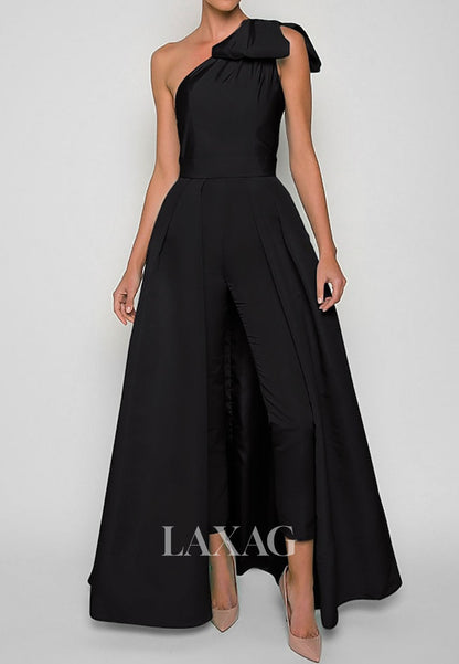 Asymmetrical-Neck One-Strap Sleeveless Satin Pleated Jumpsuit with Detachable Overskirt