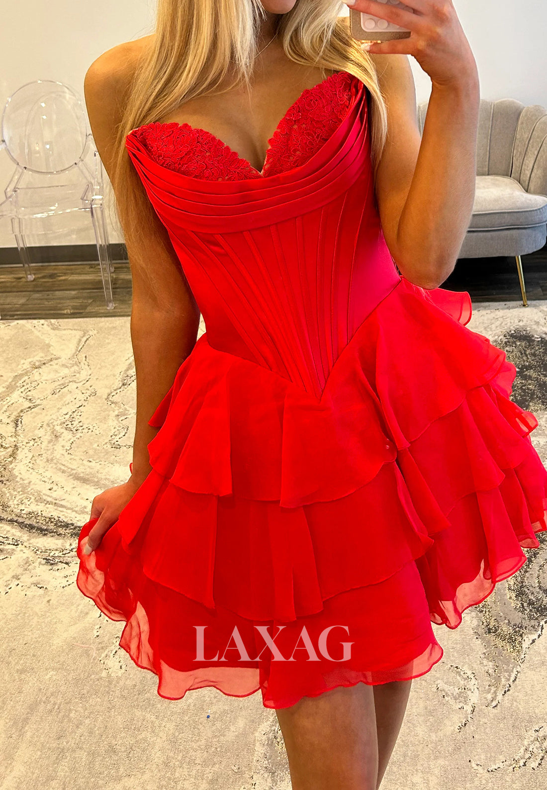 Sweetheart Off-Shoulder Applique Pleated Chiffon Tiered A-Line Party Homecoming Dress