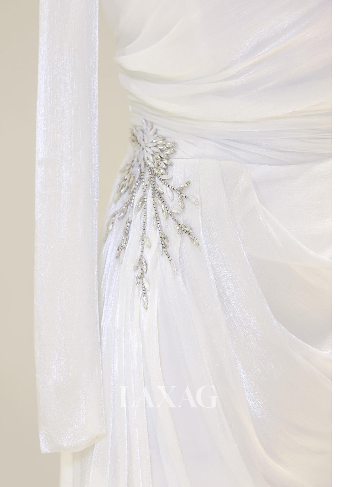 High-Neck Long-Sleeves Rhinestone Beaded Chiffon Pleated Floor-Length Fitted Evening Dress