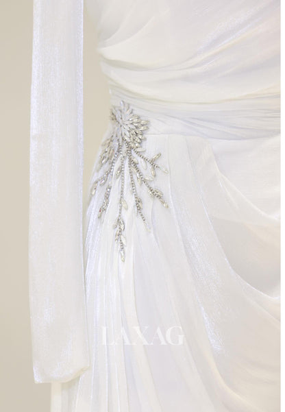 High-Neck Long-Sleeves Rhinestone Beaded Chiffon Pleated Floor-Length Fitted Evening Dress