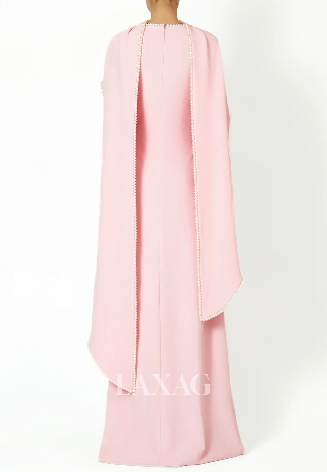 Scoop-Neck Long-Sleeves Pearls Satin Floor-Length Simple Fitted Formal Evening Dress with Overlay